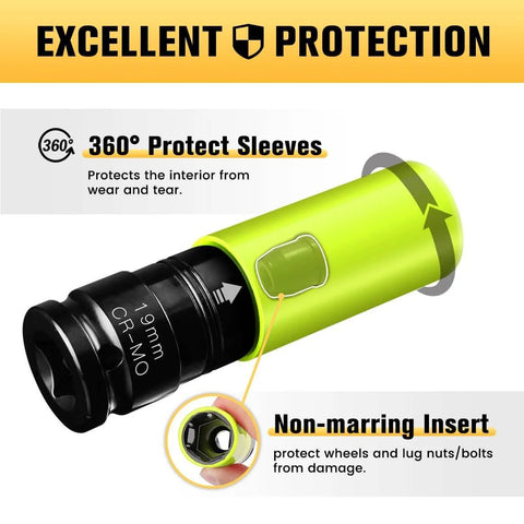 19mm Half Inch Drive Wheel Protector Impact Socket Non Marring Lug Nut Thin Wall Deep Socket Set Chrome Molybdenum Steel 6 Point Color Coded Protective Socket showing non-marring insert and protective sleeve