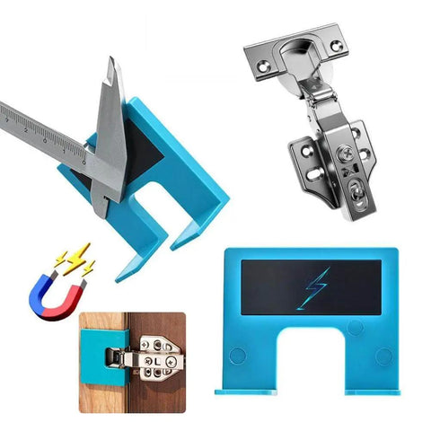 Magnetic Door Hinge Jig For Quick Drill Free Installation And Precise Hinge Alignment shown with hinge and measuring tool