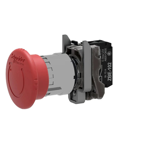Harmony XB4 Emergency Stop Push Button Switch For 22mm Panel Cutouts With Latched Turn To Release 1NC Contacts, Chromium Bezel, 40mm Mushroom Head