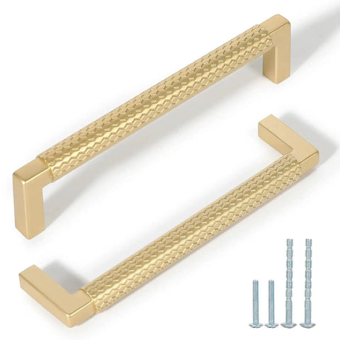 10 Pack Solid Zinc Alloy 5 Inch Center To Center Slim Square Bar Cabinet And Drawer Handles Gold Knurled Dresser Pulls with screws