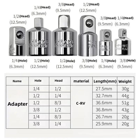 Front view of a six-piece chrome vanadium steel ratchet wrench socket adapter set with multiple head sizes.