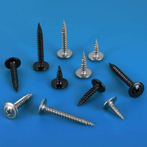Various stainless 410 black zinc plated #8 x 2 inch wood screws with Phillips modified truss head on blue background.