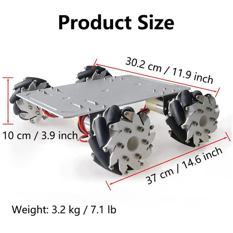 100mm Mecanum Wheel 4WD Metal Car Chassis Kit dimensions and weight display for Arduino Raspberry Pi projects MC600.