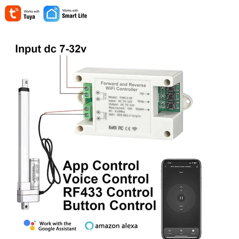 Smart Wireless Linear Actuator Controller with 10A relay, WiFi and RF remote, forward reverse switch, shown with smartphone app control.