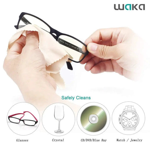 Cleaning eyeglasses with Ten Pack Microfiber Cleaning Cloths 6x7 Inches Lint Free For Eyeglasses Screens, showing soft fabric use.