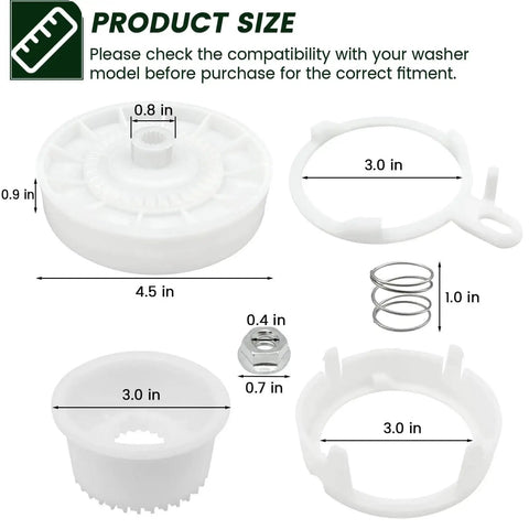 White plastic washer pulley clutch kit components with a metal spring and nut; shows 4.5 in diameter and 3.0 in pulley size.