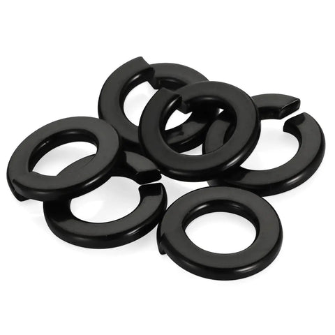 Three Eighths Inch Split Lock Washers Set Of 50, 304 Stainless Steel Spring Lock Washers With Black Oxide Finish, shown in a pile
