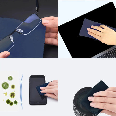 Extra Large Microfiber Cleaning Cloths 12x12 For Glasses Screens Cameras 6 Pack shown cleaning glasses, laptop, phone, and camera lens