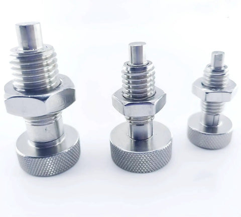 Three stainless steel retractable spring plungers M16x2 with knurled grips for industrial equipment and machinery use.
