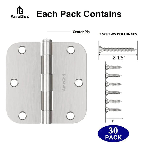 Brushed Nickel Door Hinges 30 Pack For Interior Doors, three and a half inch hinges with 210 screws, AmzGod branding shown