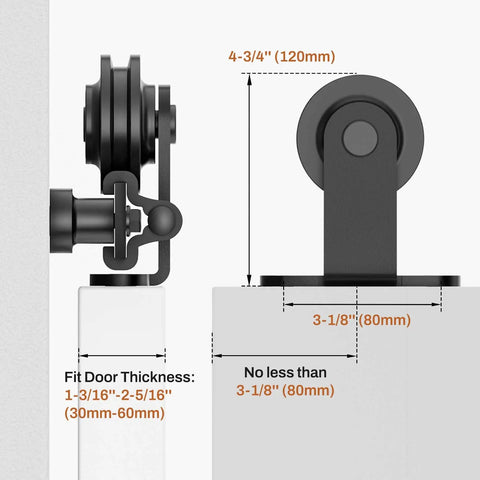 Close-up of 6 Point 6 Foot Sliding Barn Door Hardware Kit rollers and door thickness measurements for easy installation.