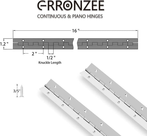 Diagram and two Stainless Steel 16 Inch Piano Hinges Heavy Duty With 0.04 Inch Leaf 0.5 Inch Knuckle, showing specifications.