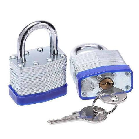 Laminated Steel Padlock Set, One And Nine Sixteenths Inch Wide Body, Short Shackle, Two Pack Keyed Alike Locks with keys, front view.