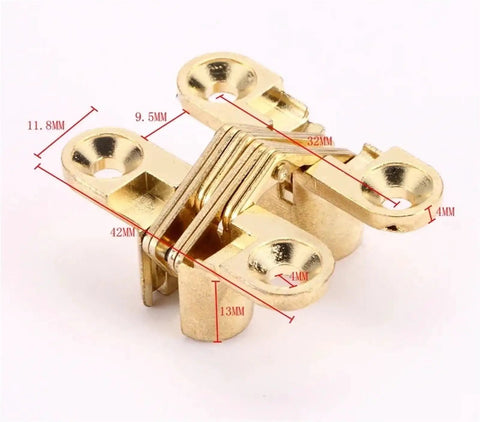 Gold concealed cross hinge with measurements, part of Concealed Cross Hinge Set For Boxes And Furniture 4 Pack 180 Degree Hidden Hinges Gold Pro Grade Heavy Duty Durable Easy Install For DIY Pros And Makers Cabinets Windows Boxes And Craft Making JWBSTUIW