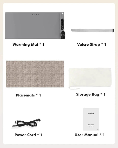 Roll Up Food Warmer Mat With 15W Wireless Charger And Quick Heat, grey warming mat, velcro strap, power cord, placemats, and accessories