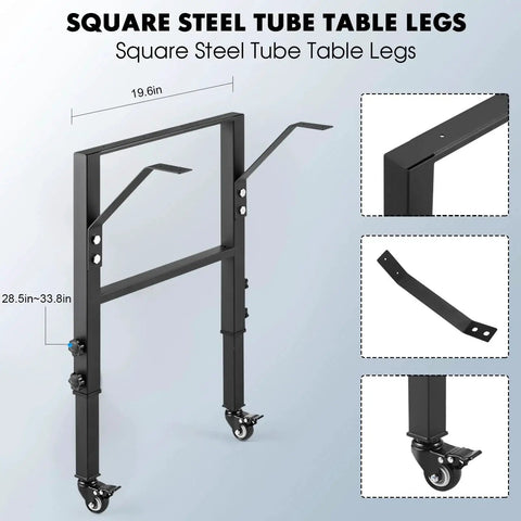 Black 19.6-in-depth square steel workbench frame with height-adjustable legs and four caster wheels with brakes
