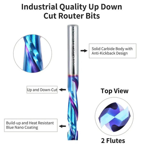 Front view of Up Down Cut Spiral Compression Router Bit with one quarter inch shank and cutting diameter, nano blue coated.
