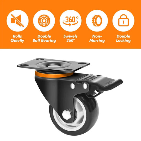 Heavy Duty 3-Inch Locking Swivel Casters With Brakes, Ball Bearing Mount, polyurethane wheel on steel frame, 1000 lb capacity