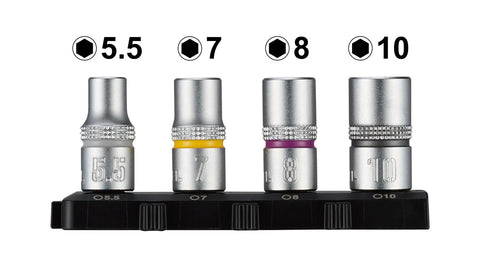 Front view of four chrome-plated metric sockets, sizes 5.5, 7, 8, 10 mm, on a black rail holder.
