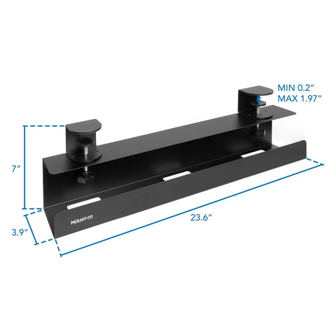 Under Desk Cable Management Tray Clamp-On No-Drill Metal Organizer For Cords And Wires with dimensions and clamp detail