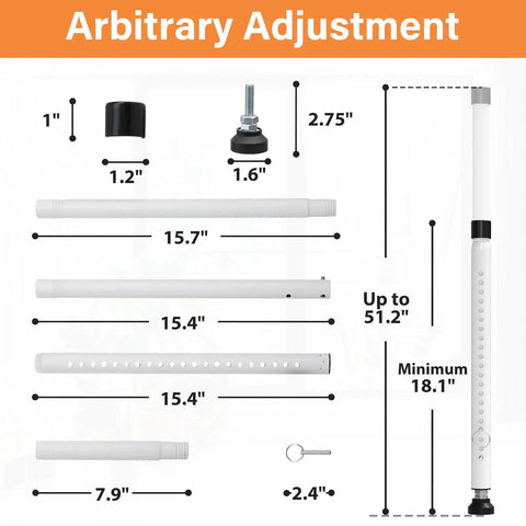 Two Pack Adjustable Sliding Door And Window Security Bar 18 To 51 Inches Extendable Inside Mount White For Sliding Doors And Windows Two In One Security Rod Enhances Home Security And Prevents Breakins with detailed measurements shown for components.