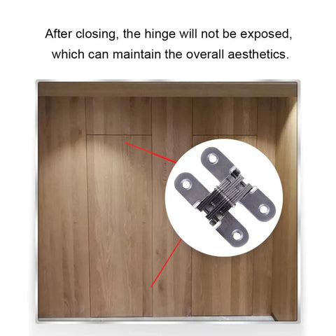 Hidden Door Hinge Set 6 Pieces, Invisible Cross Hinge 180 Degree Folding, installed in a wooden cabinet for concealed look.