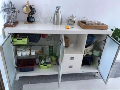 White kitchen cabinet with open doors using 2 Pack 90 Degree Corner Cabinet Door Hinges With Soft Close Hydraulic Damping Full Coverage Concealed Design Adjustable Mounting For Quiet Kitchen Cabinets By KAFENDA, revealing organized interior shelves.