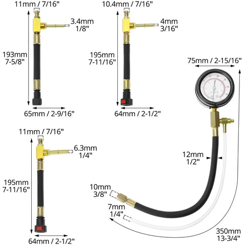 Universal Fuel Pressure Test Kit With Dual Gauge 0 To 7 Bar 0 To 100 PSI with brass adapters and measurement sizes