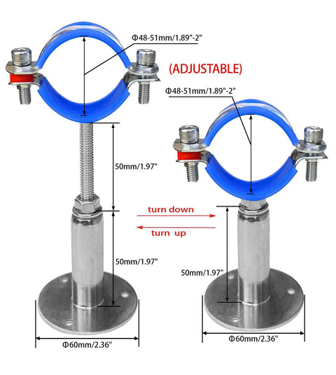 Stainless Steel 304 Wall And Ceiling Pipe Mounts Two Pack, Adjustable Pipe Clamps And Hangers For 48 To 51 Mm OD Pipes, Height Adjustable 50 To 100 Mm, Corrosion Resistant For Humid Environments, showing adjustable clamps and base.