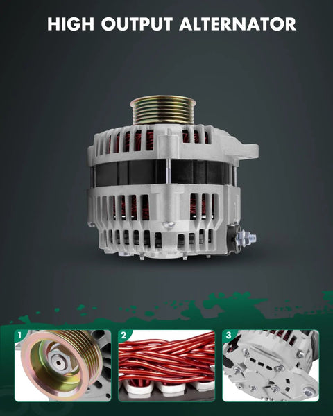 Front view of Beefed Up 125Amp 12V Alternator Replacement For Infiniti I30 1998-2000, I35 2002-2004, Nissan Maxima, and Murano