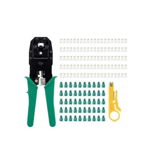 Professional Grade Cat5 Network Cabling Repair Tools And Battery Tester Kit cables and crimping tool set in blue box for installation.