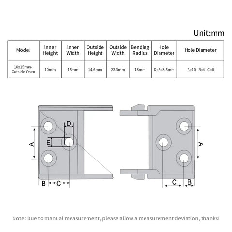 Technical diagram of Drag Chain Cable Carrier 10x15mm Open Type For 3D Printer And CNC Router, showing dimensions and hole placements.