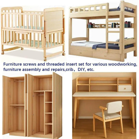Must Have DIY Crib Hardware Replacement Kit For Delta Graco Dream Baby Beds With M6 Hex Drive Bolts And Barrel Nuts 40 50 60 70 80 Mm Includes Nuts And Wrench 25 Sets Silver, shown on various assembled wooden furniture including crib and bunk bed in a room setting.