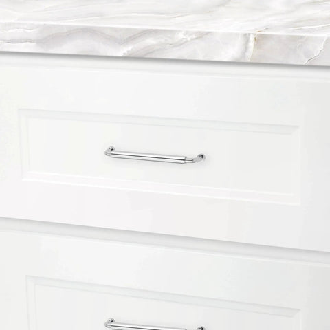 Hollywood Hills 4486 Cabinet Pull 6 Inch Center To Center Solid Brass Hardware installed on white kitchen drawer