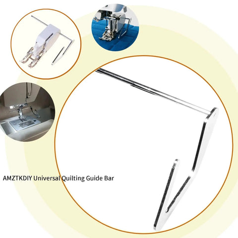 AMZTKDIY universal quilting guide bar for sewing machines; silver metal rod with white plastic clamp, front view.