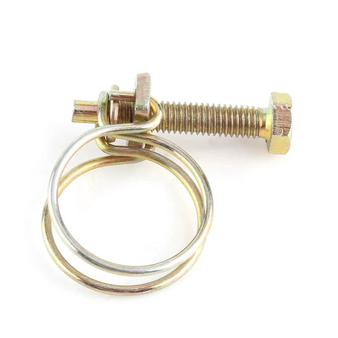 Close-up of Ten Pieces Stainless Steel Double Wire Hose Clips Adjustable Clamp Set For Water Hose Barb Pipe Fastener Zinc Plated For Strong Clamping Force And Smooth Edges Ideal For 16-19mm Hoses