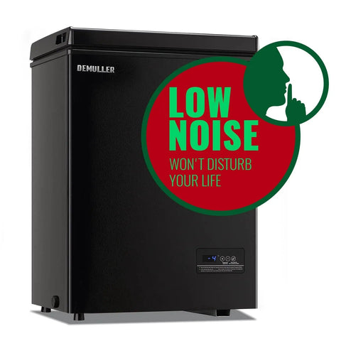 Side view of a 3.5 Cu Ft Chest Freezer With Temperature Display And Removable Basket, featuring low noise operation.