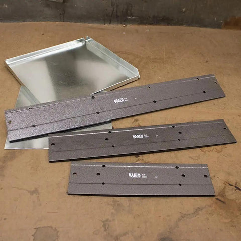 HVAC Duct Bending Folding Tool With Dual Depths Three Eighths Inch And One Inch Folds Up To Twenty Four Gauge Steel And Twenty Eight Gauge Stainless With Sight Gauges For Precise Depth In A Rugged Sixteen Gauge Steel Frame Klein Tools shown on table