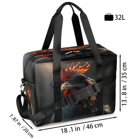 Waterproof Weekender Carry On Duffel For Women Durable Gym Bag And Overnight Travel Tote Lightweight Tear Resistant Polyester Black Rooster Design bag with dimensions 18.1 x 13.8 inches.