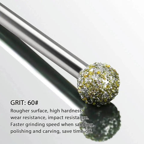 Close-up of 60 Grit Diamond Grinding Bits Pro Grade For Dremel Rotary Tool, showing one eighth inch shank with diamond-coated sphere.