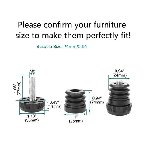 Diagram showing dimensions of 1 Inch Furniture Leveling Feet Set, 25mm OD Round Insert Adjustable Levelers for tables and cabinets.
