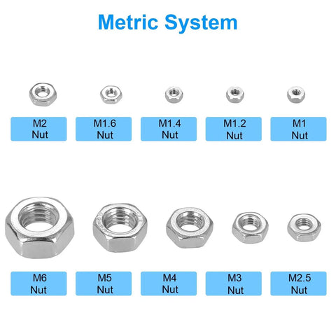 Massive 380Pcs Hex Nuts Set for DIY Projects, showing metric M1 to M6 hex nuts in 304 stainless steel, corrosion-resistant