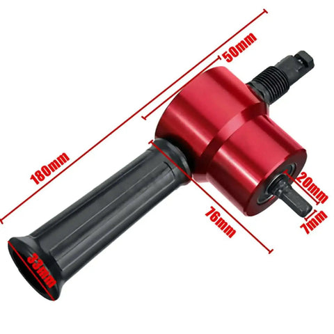 Double Head Sheet Metal Cutter Drill Attachment with 360 Degree Rotating Heavy Duty Nibbler, Red, with size dimensions shown