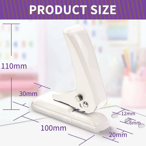 Dimensions of single hole punch for crafts and scrapbooks with 40 sheets punch capacity non slip removable base, shown in a side view