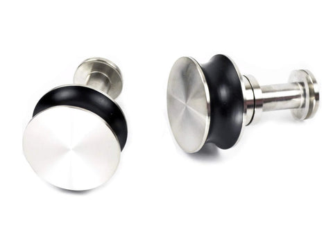 Close-up of stainless steel round brackets from 6Ft Stainless Steel Flat Roller Ceiling Mount Sliding Barn Door Hardware Kit