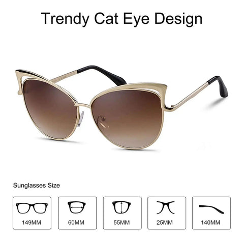Oversized Cat Eye Sunglasses For Women And Men Trendy Retro Large Shades With Metal Frame UV400 Protection Gold Light Brown Mirrored Lens