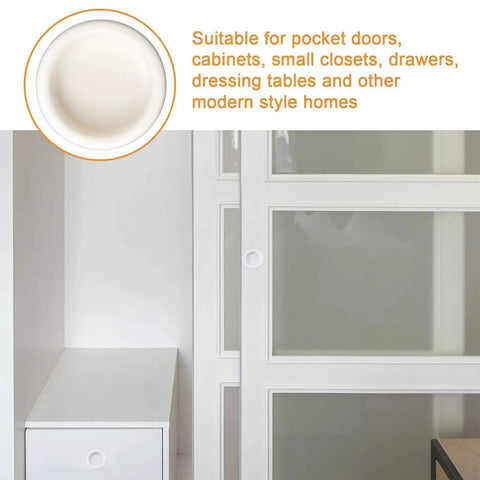 4 Pack Plastic Round Sliding Door Finger Pulls For Closets And Cabinets, showcasing recessed installation in modern furniture