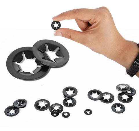 M4 internal-tooth star lock washers, steel black finish, 100 pcs close-up with hand holding one
