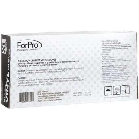 Box of Black Industrial Vinyl Gloves Food Safe Powder Free Latex Free X Large 100 Count, side view with text
