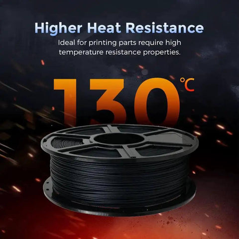 Carbon Fiber PETG 3D Printer Filament 1.75mm, 1kg Spool Black, showing high heat resistance up to 130 degrees Celsius; ideal for precise prints.